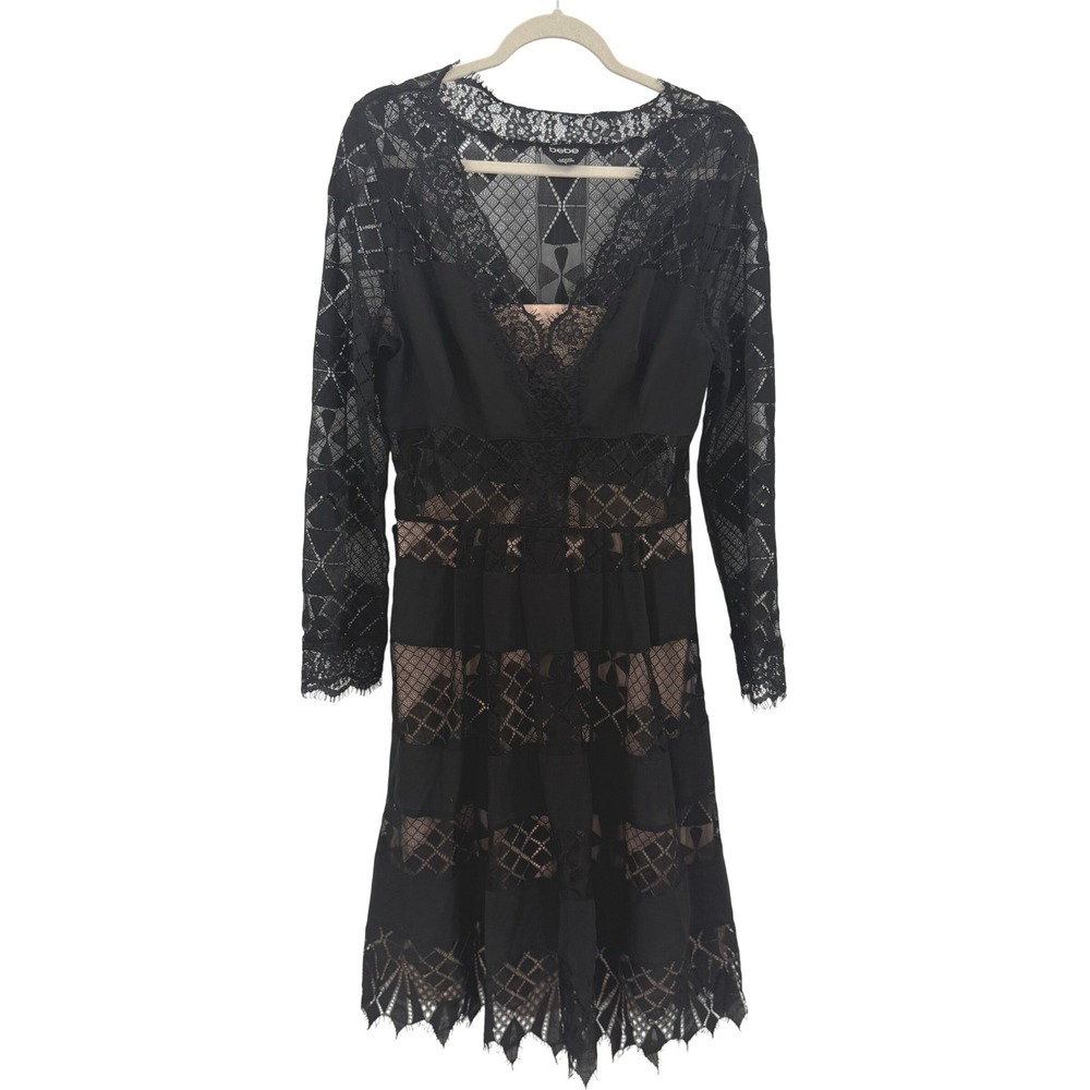 Bebe Black Lace V-Neck Long Sleeve Cocktail Dress Nude Lining Gothic Romantic 10